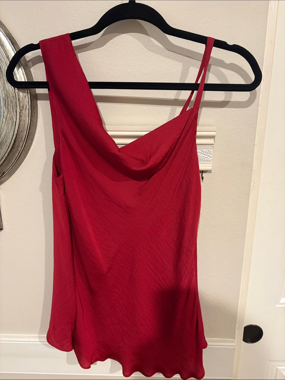 1State one shoulder camisole top with low cowl neck and adjustable shoulder stra